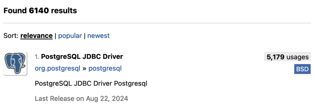 6140개의 검색 결과를 찾았다. "PostgreSQL JDBC Driver"가 검색 결과 최상단에 보인다.